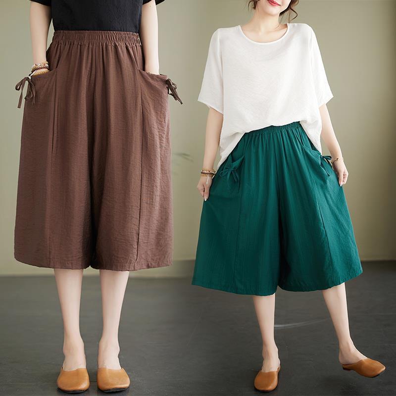 ワイドパンツ レディース 七分丈 綿麻 接触冷感 切り替え ポケット付き ゆったり 大きいサイズ マイクロストレッチ 通勤 普段使い 快適 ブラック カーキ ブラウン グリーン 赤 春夏 ゆったりシルエット スリム効果 シンプル モダン