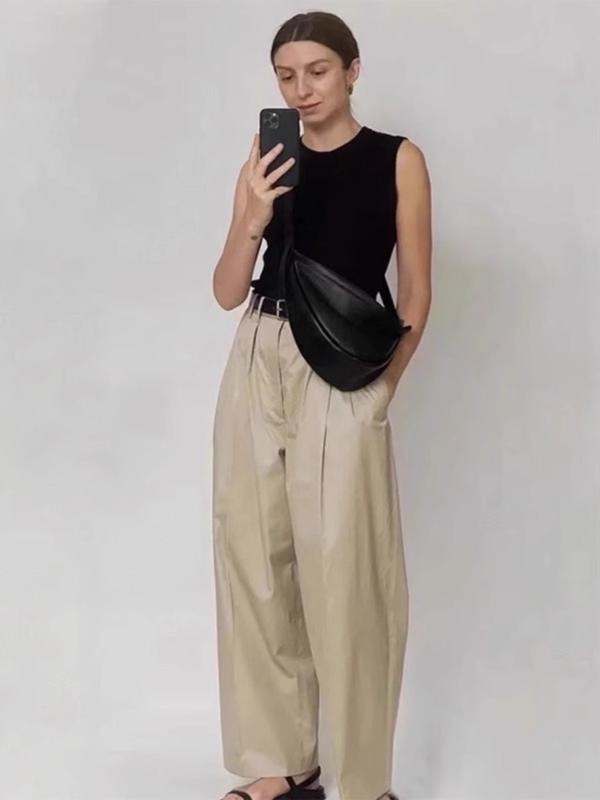 レディース コットン 混紡 素材 広脚パンツ ハイウエスト ストレートパンツ ゆったりシルエット ロング丈 ミディアム厚 微弾性 松緊腰 ポケット デザイン カーキ 気質 通勤 スタイル 普段使い ビジネス カジュアル 軽量 伸縮性 快適 フィット 女性