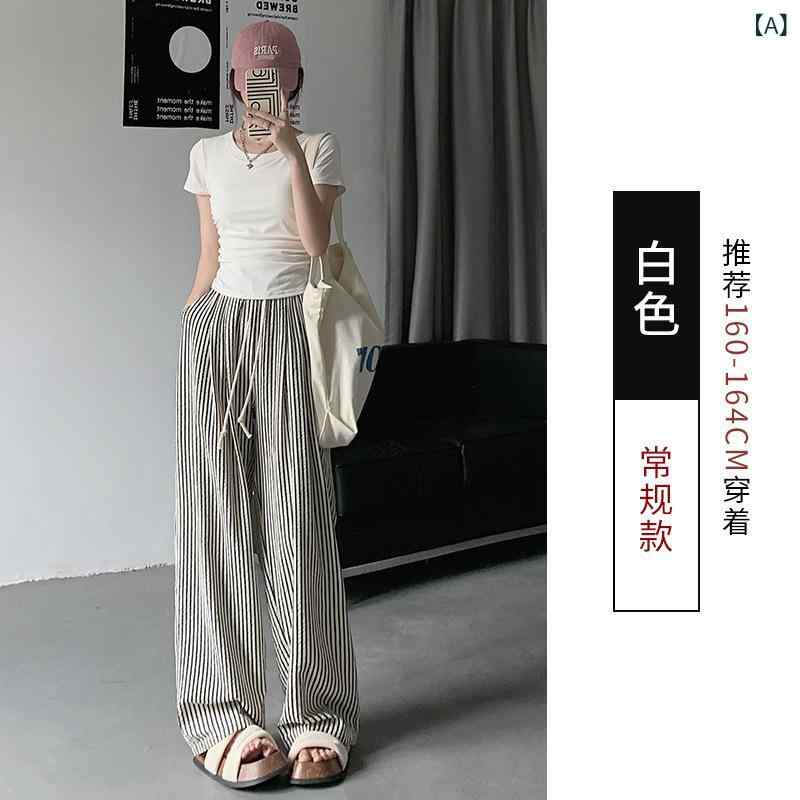 レディース ワイドパンツ クロップド 高腰 薄手 縦ストライプ ツートーン ポリエステル レイヨン 織物 白 シンプル ゆったり 散歩 普段使い カジュアル 軽量 吸湿速乾 夏 ハイウエスト ビッグシルエット 膝下丈 無弾性 涼しい 韓国風 日常 デイリ