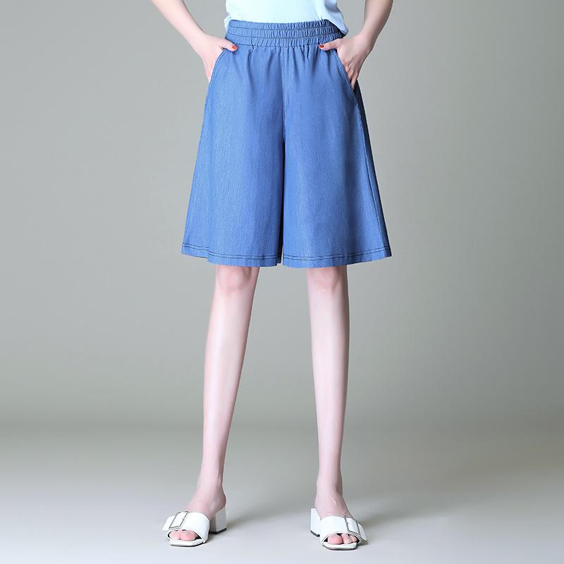 レディース 夏用 スカートパンツ ワイドパンツ 半丈 膝丈 デニム風 天絲 ポリエステル 再生繊維 薄手 高腰 弾力 伸縮性 軽量 接触冷感 吸湿速乾 ブラック ネイビー ライトブルー ゆったり ビッグシルエット 都市カジュアル 普段使い 通勤対応