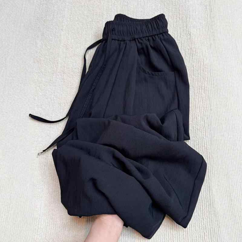 ワイドパンツ レディース 夏 通勤用 ハイウエスト 直筒型 長丈 薄手 綿混 ポリエステル混 微弾性 ブラック 梨形対応 ポケット付き 軽量 伸縮性 吸湿速乾 気質 カジュアル 普段使い