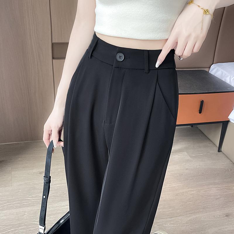 レディース ワイドパンツ 高腰 ブラック 早秋 接触冷感 ポリエステル ストレート シルエット スリム効果 ゆったり スタイル 通勤 普段使い 快適 気質 ロング丈 無弾性 クロップド フィット ダークカラー