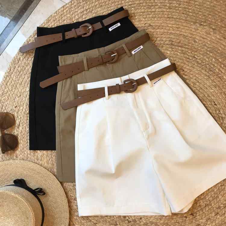 レディース ショートパンツ 薄手 接触冷感 ポリエステル ストレッチ ハイウエスト ワイドレッグ ストレート ルーズフィット クロップド ジップ 切り替え カーキ ブラック ホワイト 夏 爽やか 甘め 気質 優雅 カジュアル 普段使い 軽量 通勤 軽快