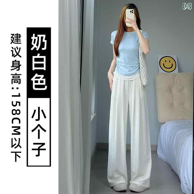 レディース ワイドパンツ 高腰 接触冷感 コットン ポリエステル 混紡 通勤風 気質スタイル 薄手 微弾力 長丈 ポケット付き 小柄対応 ブルー系 ピンク系 ブラック アイボリー 切り替えデザイン 立体裁剪 軽量 吸湿速乾 普段使い 部屋着 伸縮性 再生