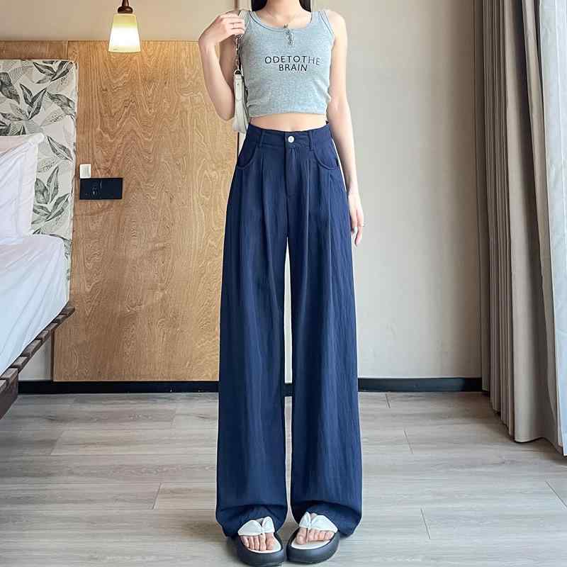 レディース ワイドパンツ 接触冷感 夏用 薄手 高腰 ストレート ロング丈 ミドルウエスト ゆったりシルエット ポケット付き 通勤 普段使い 防晒 吸湿速乾 微弾性 切り替えデザイン ライトグリーン ネイビー ダークブラウン カーキ ブラック 綿ポリ混