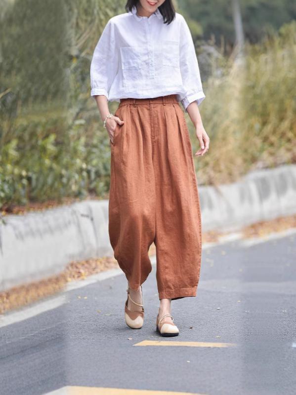 レディース ワイドパンツ 夏用 薄手 大きいサイズ ゆったり 高腰 麻素材 ゆったりストレート ロング丈 快適 ユニセックス ポケット付き 純色 オリーブグリーン ベージュ ブラック ホワイト グレー ライトウェイト 吸湿性 日常使い カジュアル ヴィン｜LiLishop6
