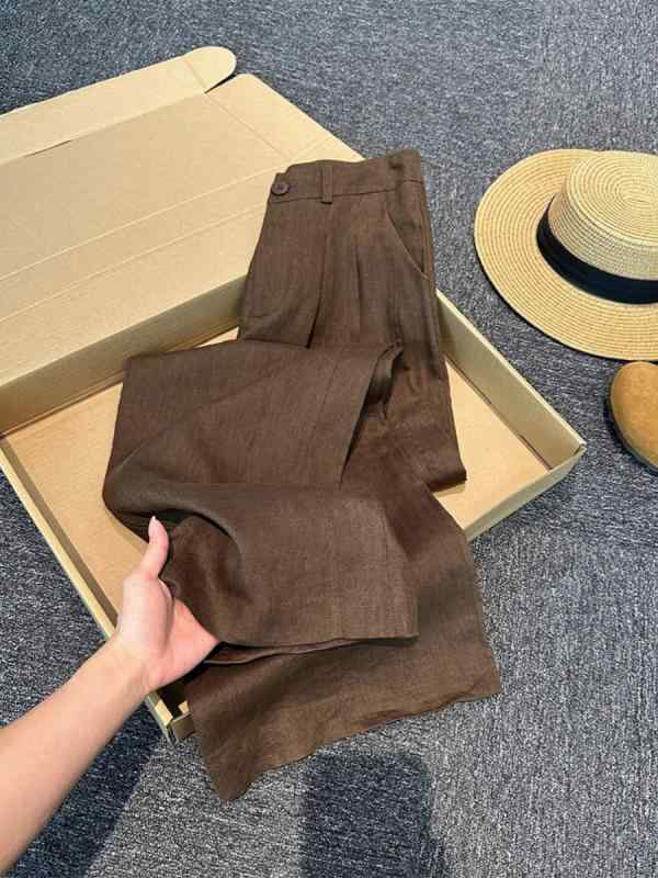 レディース 麻 素材 コットン混 接触冷感 長ズボン ストレート レッグ ワイドパンツ ハイウエスト 切り替えデザイン ブラウン カラーバリエーション 春夏 シーズン 軽量 伸縮性 通勤 普段使い カジュアルスタイル 日韓 トレンド 女性用 ゆったり シ