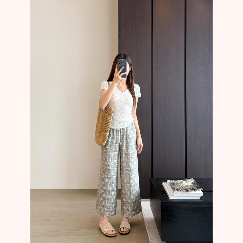 レディース リネン 花柄 麻素材 ハーフパンツ 直筒パンツ ハイウエスト ワイドレッグパンツ 夏用 垂感 軽量 中弾性 切り替えデザイン 気質 ユース