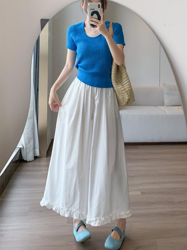 レディース ワイドパンツ 春夏 ハイウエスト 九分丈 直筒 麻混紡 綿 レイヨン 薄手 中弾力 木耳花辺 切り替え ポケット 付き ゆったり シルエット 日常使い デイリー スタイル かわいい 韓国風 白色 ブラック ネイビー グレー イエロー