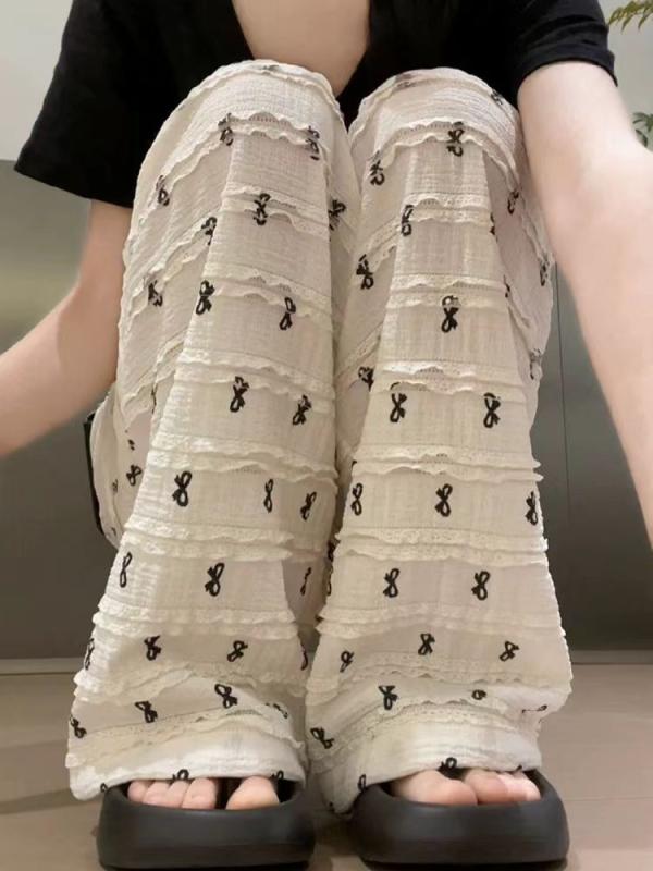 レディース ワイドパンツ 夏 接触冷感 コットン 高腰 ストレート ロング丈 垂感 軽量 微弾性 ラザー 蝶結び ストライプ柄 ホワイト ブラック ポケット付き 清新 かわいい 学院風 カジュアル 普段使い スリム効果 切り替え