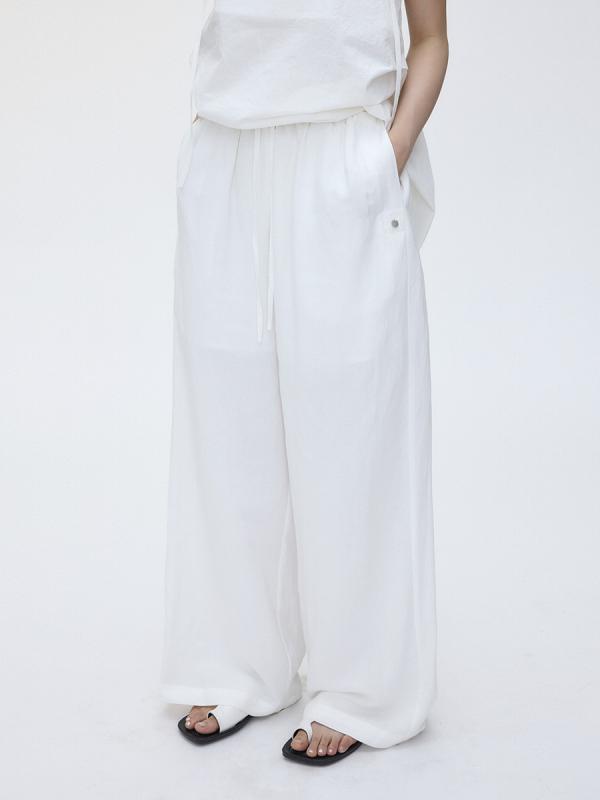 レディース ワイドパンツ 麻 綿 混紡 高腰 ストレート ロング ミディアム厚 ポケット 付き ゆったり シルエット 日常使い 春 ブラック 無弾性 手加工 加工 カジュアル スタイル