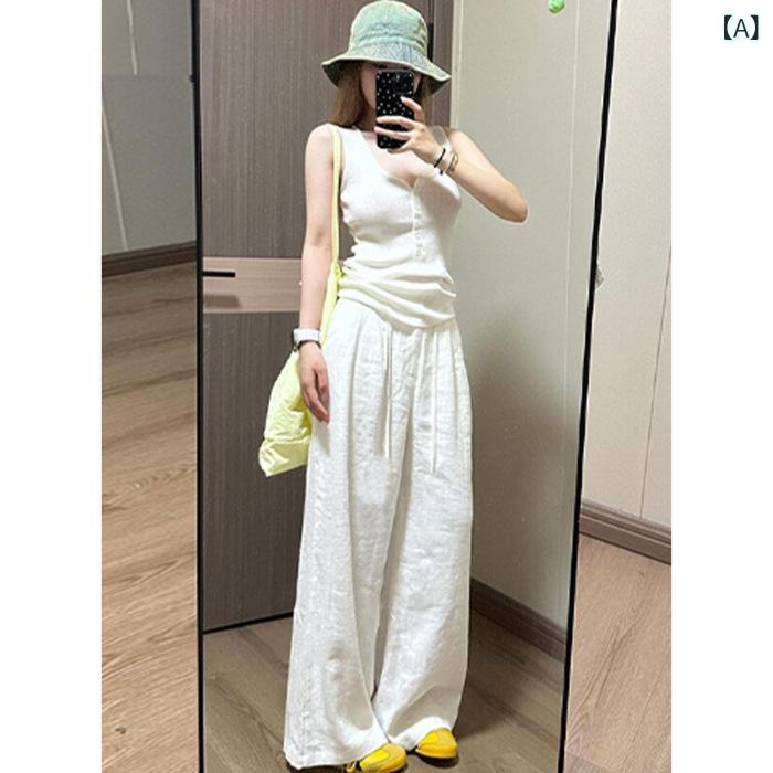 レディース 夏用 コットンリネン ワイドパンツ 白色 直筒型 高腰 薄手 ゆったり 垂感 ポケット 切り替え 日韓カジュアル 快適 軽量 通勤 普段使い