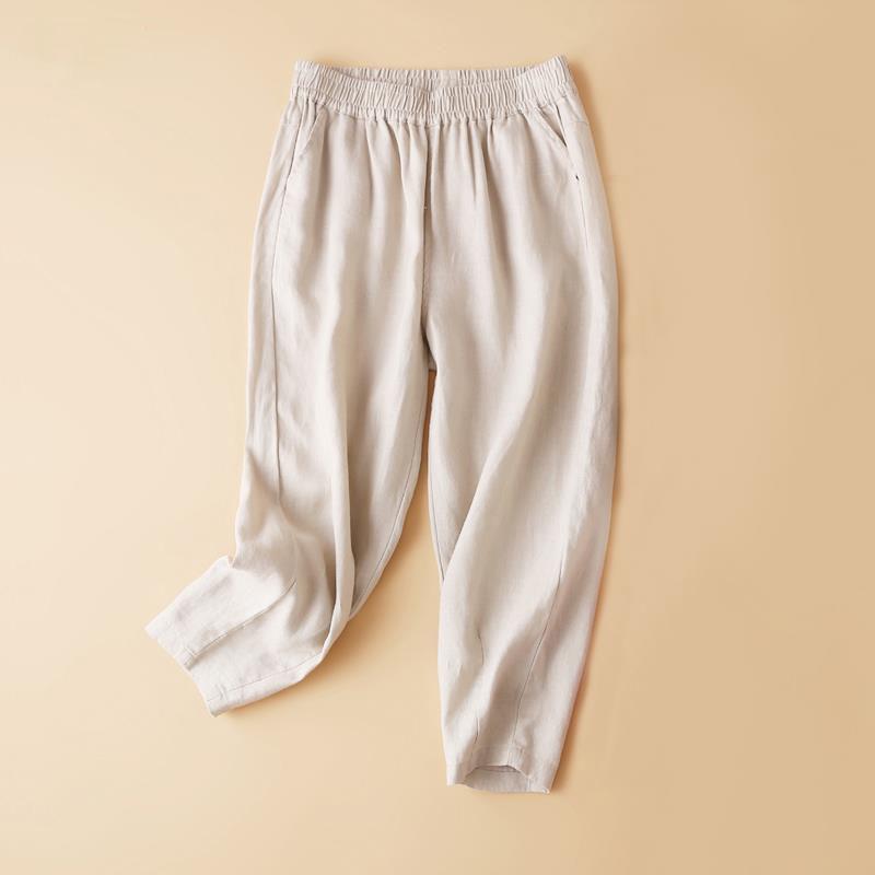 レディース 七分パンツ ハーレムパンツ 夏 コットン 麻 混合 素材 ゆったり シルエット 軽量 伸縮性 口袋 デザイン カーキ ブラック ピンク ブラウン カラーバリエーション 通勤 普段使い 都市 カジュアル スタイル 気質 ハーフ丈 ワイド 腰回り