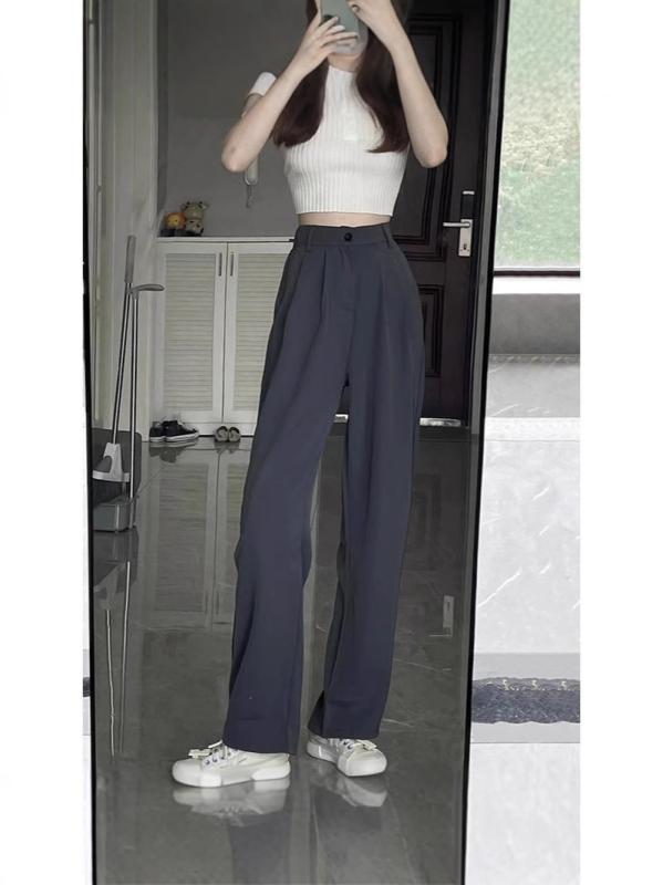 レディース ワイドパンツ 秋冬 ハイウエスト 垂感 ロング丈 スリム効果 ストレートパンツ ゆったりシルエット ビジネスカジュアル ポケット付き ポリエステル混紡 ストレッチ素材 中厚手 ホワイト ブラック グレー カーキ 日韓スタイル 普段使い 軽量