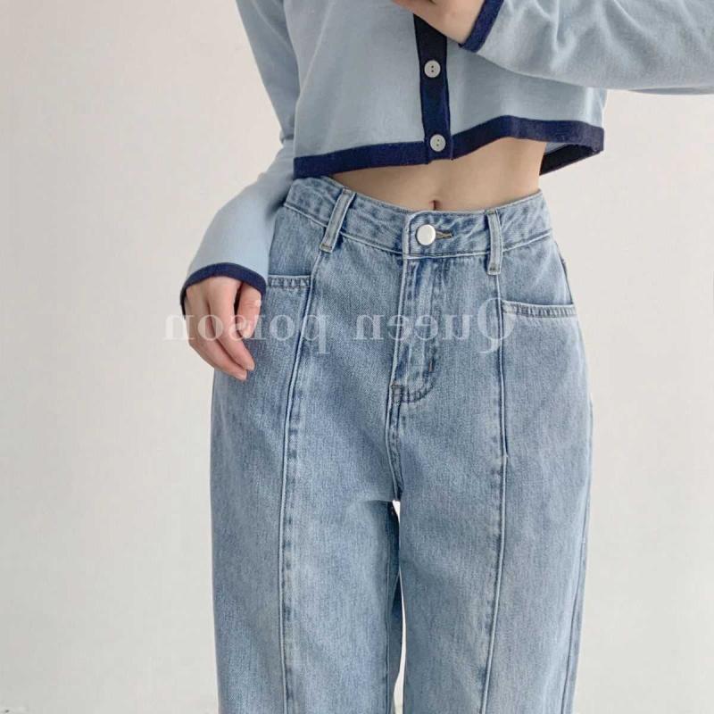 レディース デニムパンツ 直筒 ハイウエスト ワイドレッグ コットン ポリエステル ミックス ゆったり 落ち感 良い ブルー ロング丈 ドラッグスタイル カジュアル 普段使い 個性派 ストリート BF風 水洗加工 ボタン デザイン ヴィンテージ 風合い