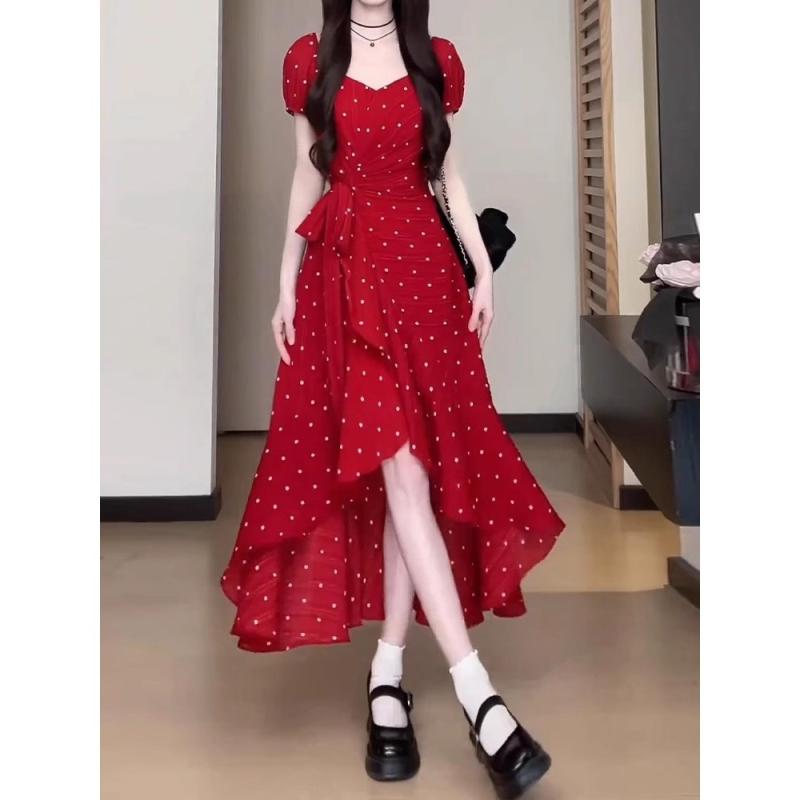 ワンピース レディース 夏 赤 花柄 Vネック 短袖 高腰 Aライン 長丈 切り替え セットイン ポリエステル 涼しい かわいい 日常使い 軽量 ゆったりシルエット