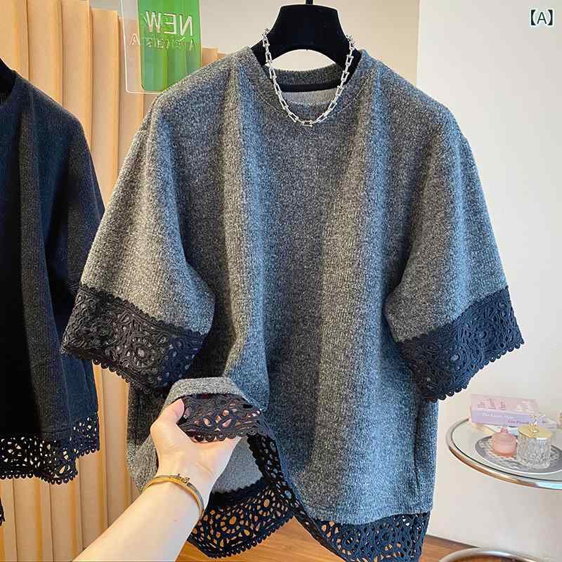 Tシャツ レディース 春夏 大きいサイズ 短袖 蕾? 切り替え レース袖口 ピックカラー 紐付き ラウンドネック ゆったりシルエット 超短丈 インナー トップス 打底衫 灰 黒 日韓カジュアル 伸縮性 ・届?素材 休?風 女性用 かわいい 軽量 普段使い