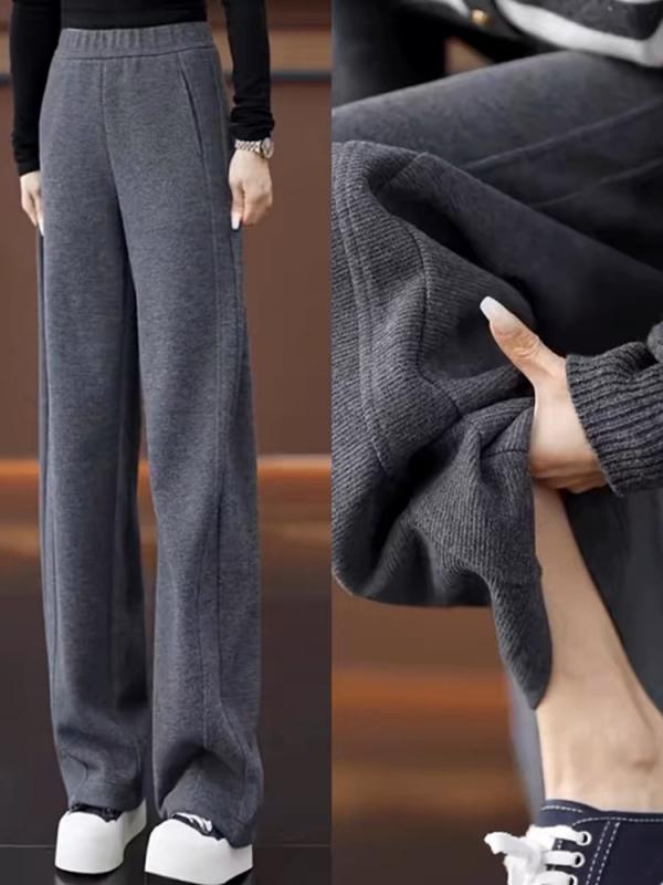 レディース 秋冬 ワイドパンツ グレー 厚手 ポリエステル 素材 高腰 ゆったり シルエット 脚長効果 ポケット 付き 微弾力 快適 普段使い 日韓 スタイル 長丈 切り替え デザイン 軽量 感 ブラック 対応 吸湿速乾 機能 ハイウエスト ビッグ サイ