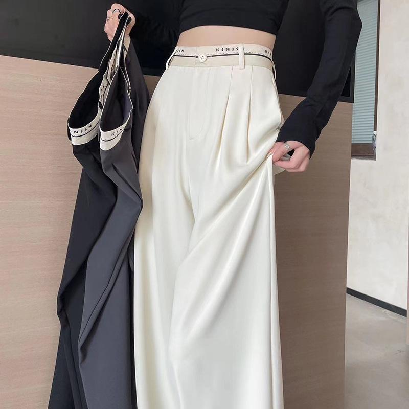レディース 夏用 ウエストロゴ ワイドパンツ 高腰 ストレート シルエット ロング丈 軽量 薄手 ポリエステル 混紡 微弾性 切り替えデザイン 垂れ感 シンプル 御姐風 私服 通勤 普段使い ブラック グレー ベージュ系 接触冷感 吸湿速乾 涼感