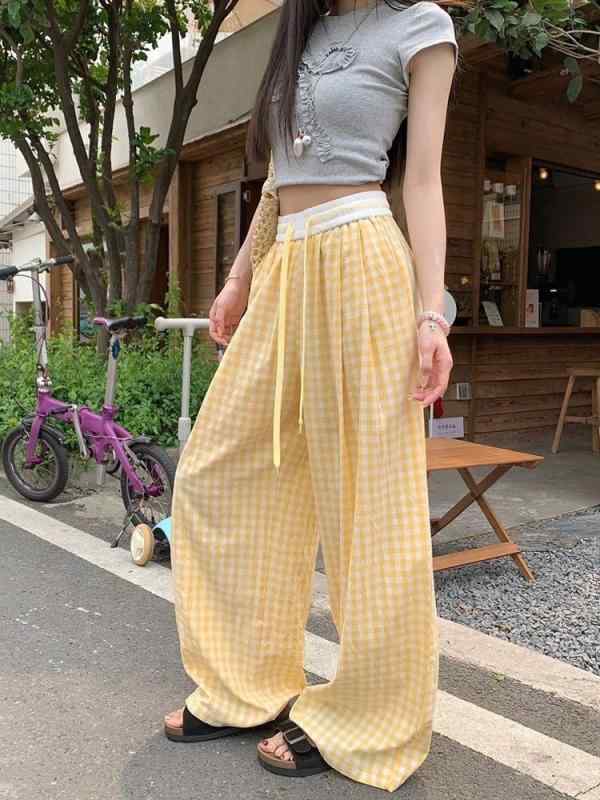 レディース 夏用 黄色 格子柄 ゆったり 垂れ感 ワイドレッグパンツ ロング丈 高腰 中厚 コットン混 無弾性 日韓 スタイル 快適 普段使い 切り替え デザイン タイトストリング ブラック イエロー ブルー ピンク