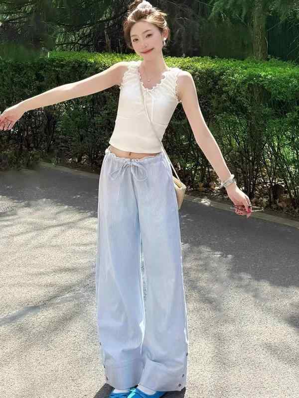 レディース ロングパンツ 低腰 ワイドレッグ ゆったり 薄手 ストライプ柄 スリム効果 タイトストリング レースエッジ ブルー ミッドライズ 大型ベルボトム 軽量 微弾性 切り替えデザイン 接触冷感 再生繊維 ストレッチ 普段使い 春夏 カジュアルスタイ