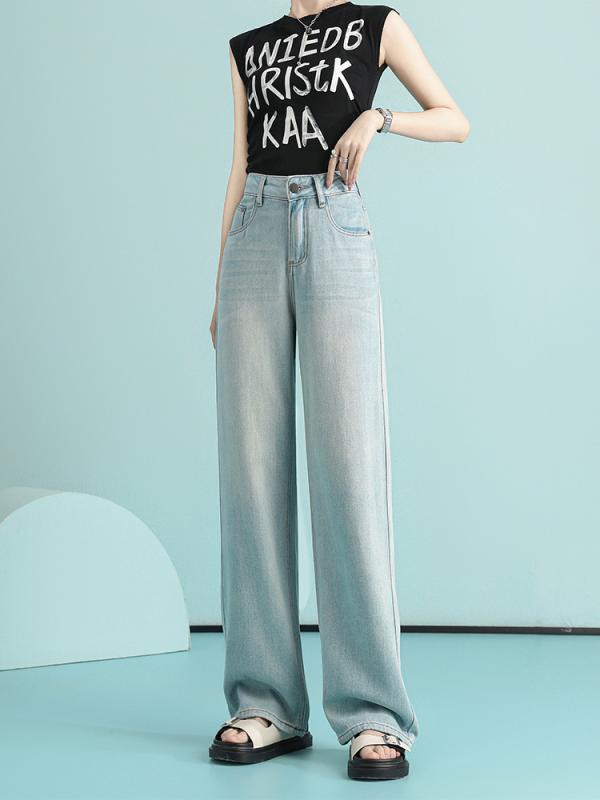 レディース ワイドパンツ 牛仔パンツ 天? 綿混 軽量 薄手 接触冷感 高腰 ストレート ロング丈 ゆったりシルエット 軽いストレッチ ポケット付き アイスブルー 夏 春夏 日常使い カジュアル デニム 再生繊維 吸湿速乾 垂感 スリム効果 快適 部屋着