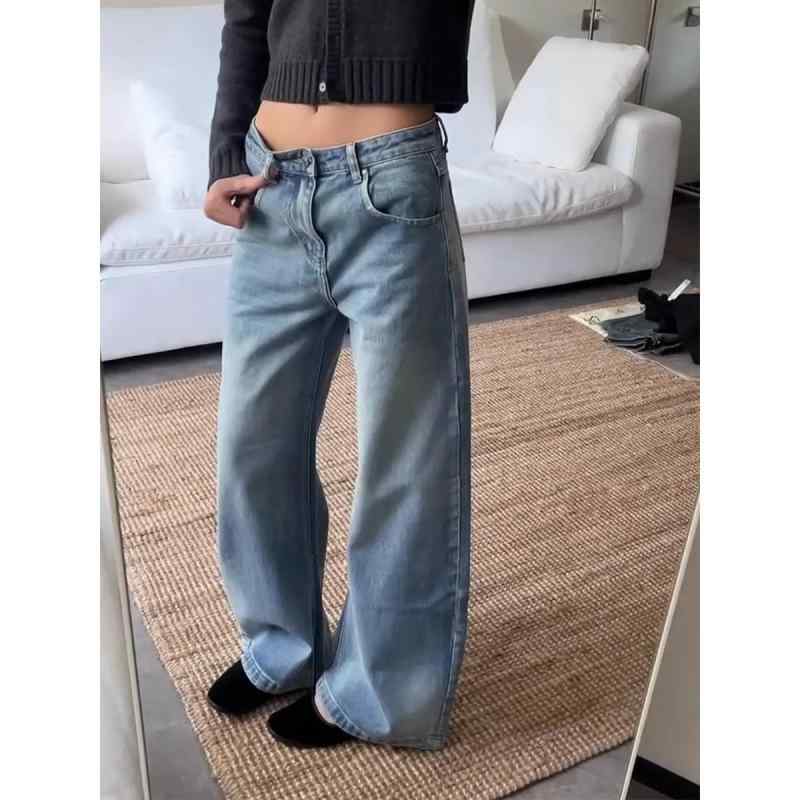 レディース 牛仔パンツ 直筒型 ハイウエスト 春夏 秋冬 ロング丈 ゆったり ワイドレッグ ブルー デニム素材 復古風 洗い加工 スリム効果 普段使い 通勤用 軽量 伸縮性
