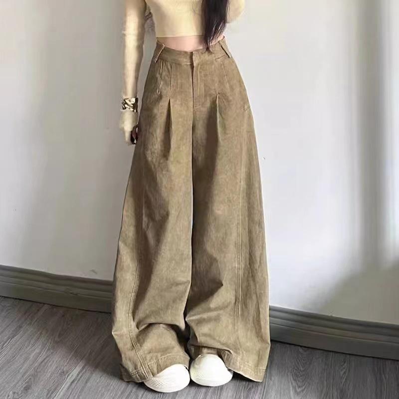 パンツ レディース 牛仔パンツ デニムパンツ 女性用 ワイドレッグ クロップドパンツ ハイウエスト ストレート ロング丈 ミドルウェスト ミディアム厚 コットン素材 綿混紡 微弾性 伸縮性 通勤用 気質スタイル 都市風 カジュアル 復古デザイン ルーズフ