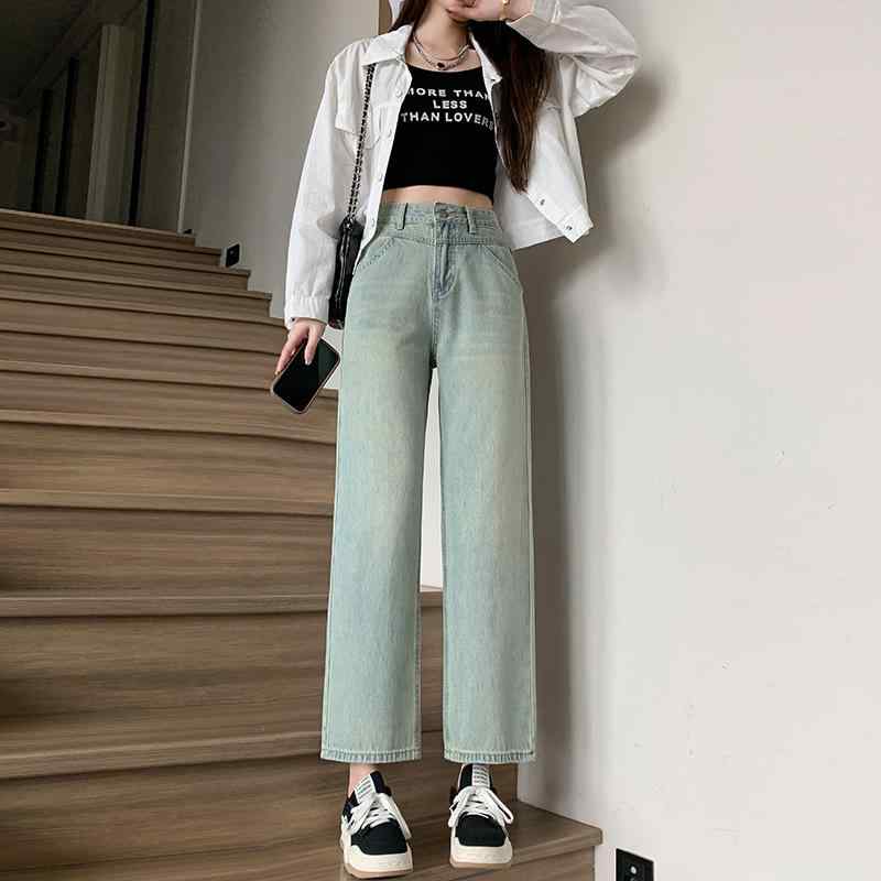 デニムパンツ 女性用 低身長対応 春夏 ライトブルー コットン素材 ハイウエスト 直筒型 ワイドレッグ 垂感 ゆったりシルエット ロング丈 普段使い 快適 軽量 伸縮性 吸湿速乾 日韓カジュアル