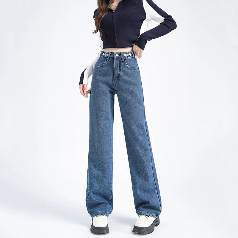 レディース 春夏 デニムパンツ ワイドレッグ ハイウエスト ロング丈 ゆったりストレート 復古スタイル 私服 洗練シルエット ポリエステル混 ノンストレッチ ブルー系 ブラック グレー ライトブルー 通勤 普段使い