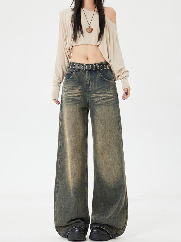 デニムパンツ レディース 春夏 復古 廃土風 高腰 ビッグシルエット ワイドレッグ ストレート ロング丈 ゆったり スリム効果 軽量 伸縮性 綿混 デニム生地 普段使い ノスタルジックイエロー 切り替えデザイン 通勤 カジュアル