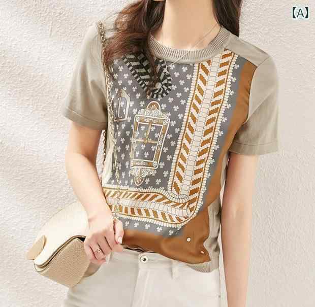 ニット Tシャツ レディース 春夏 気質 プリント 切り替え デザイン 丸首 半袖 ゆったり トップス インナー 薄手 ポリエステル 粘膠繊維 混紡 ピンカラー コントラスト 気質 通勤 スタイル 単品 通常 フィット セットアップ 対応
