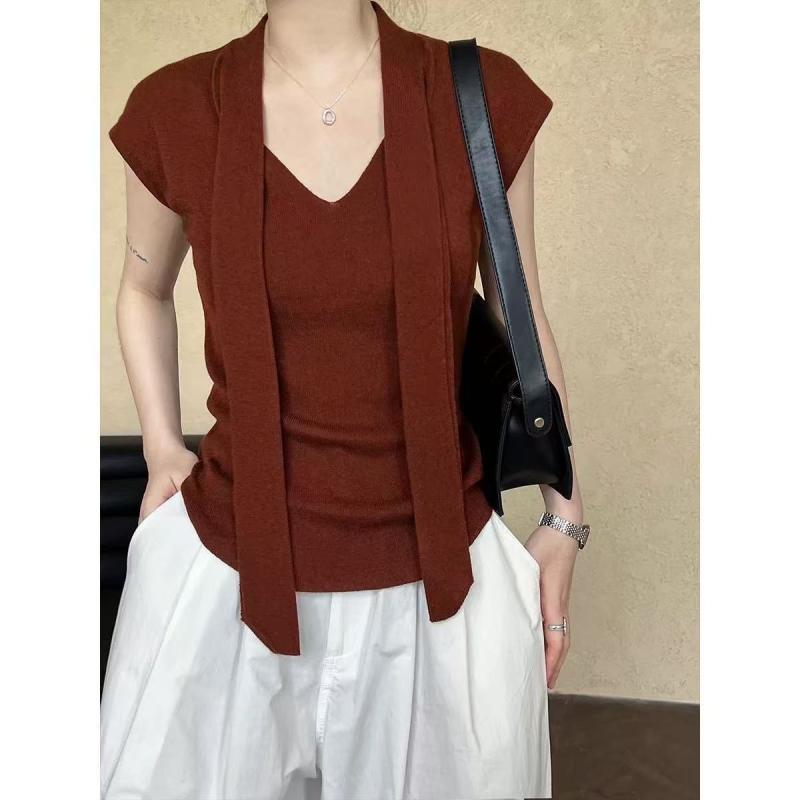 ニットトップス レディース 春夏 Vネック ショール リボン 切り替え 薄手 修身 気質 通勤 セットアップ風 ブラック キャメル 焦糖 グレー ブルー ベージュ ピンク ラベンダー 羊毛混紡 吸湿速乾 軽量 普段使い 秋冬対応 再生繊維