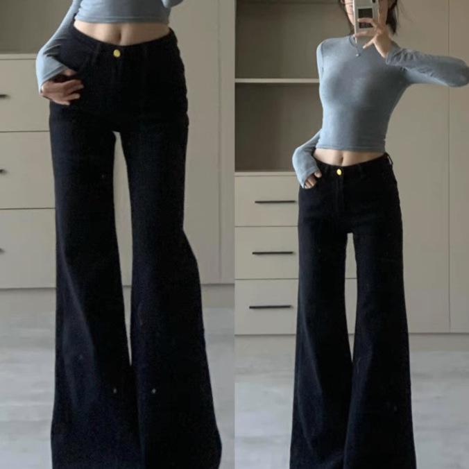 レディース デニムパンツ 低腰 微喇 ワイドレッグ 黒 通勤 春秋 コットン ポリエステル 混紡 微弾性 軽量 伸縮性 気質 スタイル ロング丈 ドラッグ スリム フィット ボタン デザイン プレス加工 4,440円