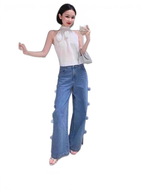 パンツ レディース 夏 デニムパンツ 高腰 直筒 ワイドレッグ 切り替え ホワイトデニム ミディアム厚 微弾性 気質 通勤スタイル 軽量 吸湿速乾 ブルー 通勤用 普段使い ハイウエスト ビッグシルエット 再生繊維 洗い加工 長丈 カジュアル 快適 スト