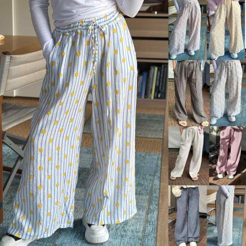 レディース ワイドパンツ ストライプ柄 プリント ロング丈 ハイウエスト 薄手 軽量 伸縮性 ポリエステル 素材 抽? デザイン 直筒 シルエット ゆったり フィット 夏 春夏 シーズン ブラック ストライプ 杏色 ストライプ ピンク ストライプ ネイビ