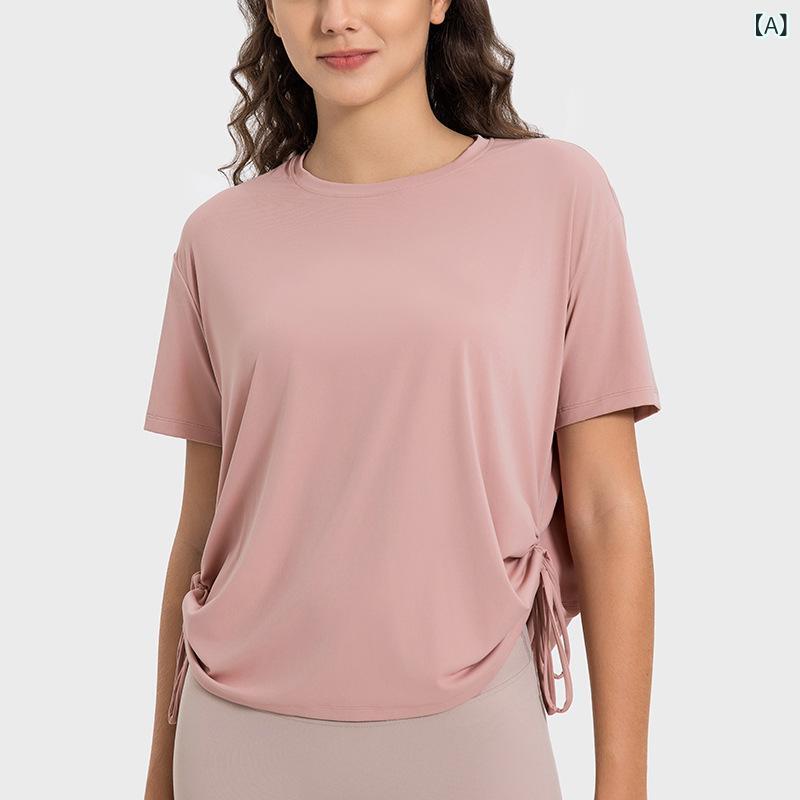 Tシャツ 女性用 春夏 短袖 透気性 軽量 綿混紡 接触冷感 ゆったりシルエット ドローストリング プリーツ デザイン ランニング フィットネス ヨガ トップス ハニーヨー グレー ブラック ホワイト