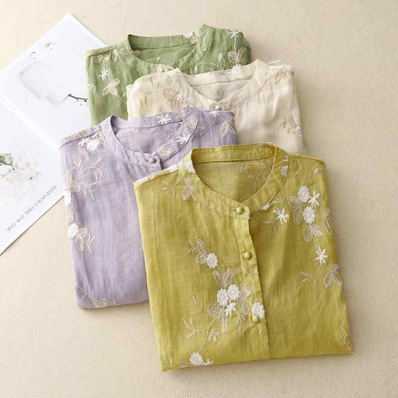 刺繍 シャツ レディース 綿麻 素材 半袖 刺繍 デザイン 切り替え レース 刺繍 トップス 米白色 紫色 黄色 緑色 快適 休? スタイル 気質 欧根? 風 ワンピース 上衣 気質 刺繍 シャツ 女性 芸術 ピック ガウン 刺繍 シャツ 気質 スプライ