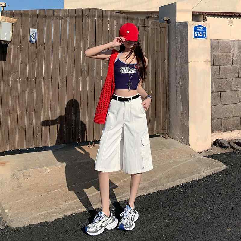 レディース 七分 ワイドパンツ 工装パンツ 高腰 綿 素材 復古 デザイン 多ポケット 切り替え ディテール 春夏 シーズン ホワイト カラーバリエーション ゆったり シルエット スリム 効果 日常 使い 街着 スタイル 無弾性 快適 フィット ミッド