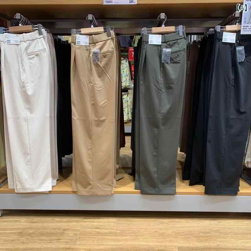 秋 レディース ワイドパンツ スーツパンツ 通勤用 ハイウエスト プリーツ ストレート ポリエステル 中厚手 伸縮性 3Dパターン 黒 オリーブ グレー ベージュ アイボリー 深ベージュ 免・聞 日韓カジュアル