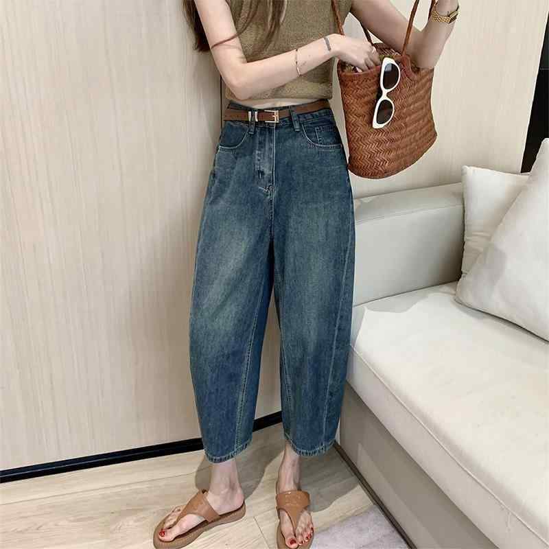 ジーンズ 女性用 ハーレム ワイド ランプ デニムパンツ 夏 145cm スリム 8分丈 ダディパンツ 梨型体型 中腰 直筒 コーンパンツ コットン ポリエステル ミディアム厚 ワシントン加工 微弾性 快適 デイリー ブルー カジュアル 韓国風 ゆったり
