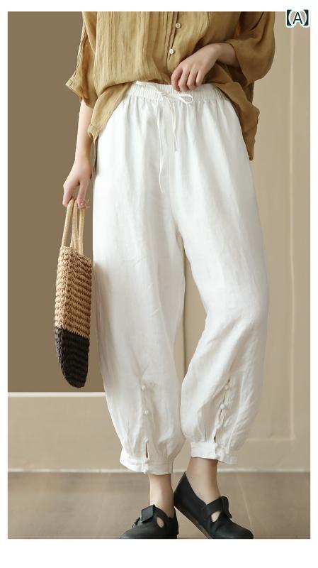 レディース ワイドパンツ 春夏 ロングパンツ ハーレムパンツ ゆったりシルエット ローブパンツ スレンダー効果 ハンギングデザイン 松緊腰 薄手 綿麻 ポリエステル 混紡 ポケット付き 切り替えデザイン シンプルスタイル 日韓カジュアル 気質エレガント
