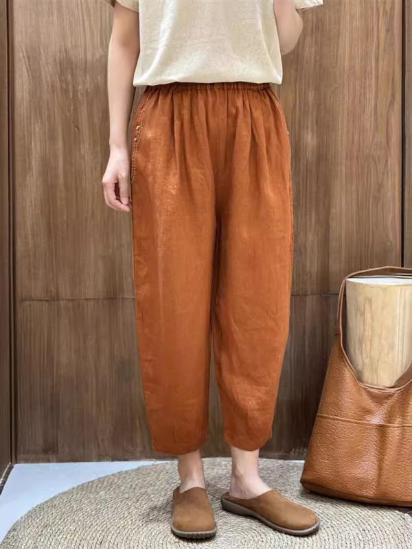 レディース ワイドパンツ ハーレムパンツ 九分丈 ゆったりシルエット 松腰 薄手 麻 綿麻 刺繍 ヴィンテージ風 クロップドパンツ ルーズフィット 軽量 夏 春夏 白 ベージュ カジュアル 普段使い アウトドア 再生繊維 吸湿速乾 脚長効果