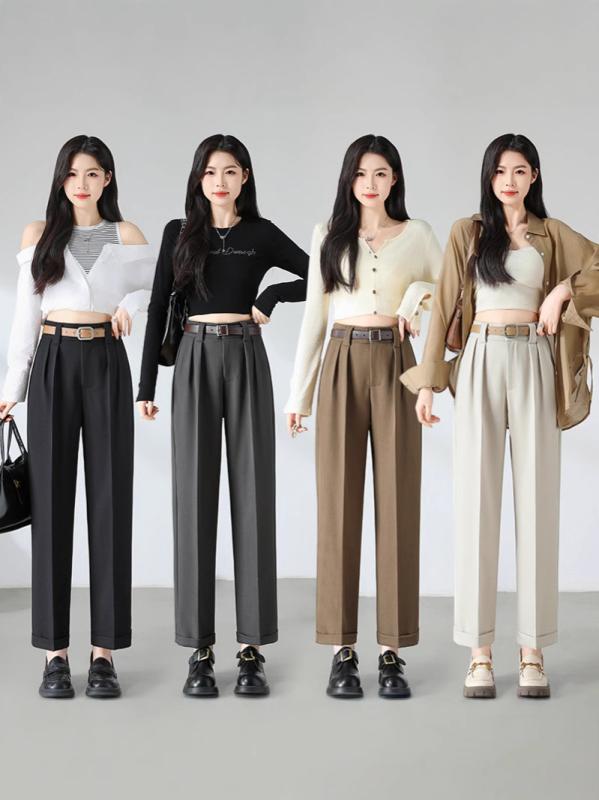 レディース 春夏 薄手 ハイウエスト 九分 直筒パンツ ハーレムパンツ コーンシェイプ ポケット デザイン ポリエステル スパンデックス 微弾性 免・聞加工 ブラック ベージュ グレー ブラウン マイクロファイバー 軽量 ストレッチ 通勤 普段使い カジュ