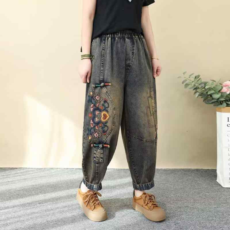 レディース 牛仔パンツ ワイドパンツ ハーレムパンツ ロングパンツ ハイウエスト ワイドシルエット 刺繍 民族風 ビンテージ加工 カラフル ディスクボタン ポリエステル ポリエステル混紡 中厚手 ノンストレッチ ゆったり ルーズフィット ビンテージブルー