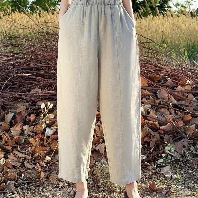 レディース ワイドパンツ 直筒 九分丈 麻 素材 再生繊維 混紡 95% 以上 内容 ミッドリ 厚手 加工 厚み あり ミドルストレッチ 伸縮性 中程度 ゆったり シルエット ワイドフィット ルーズフィット ミディアムフィット 松緊腰 イージーウエスト