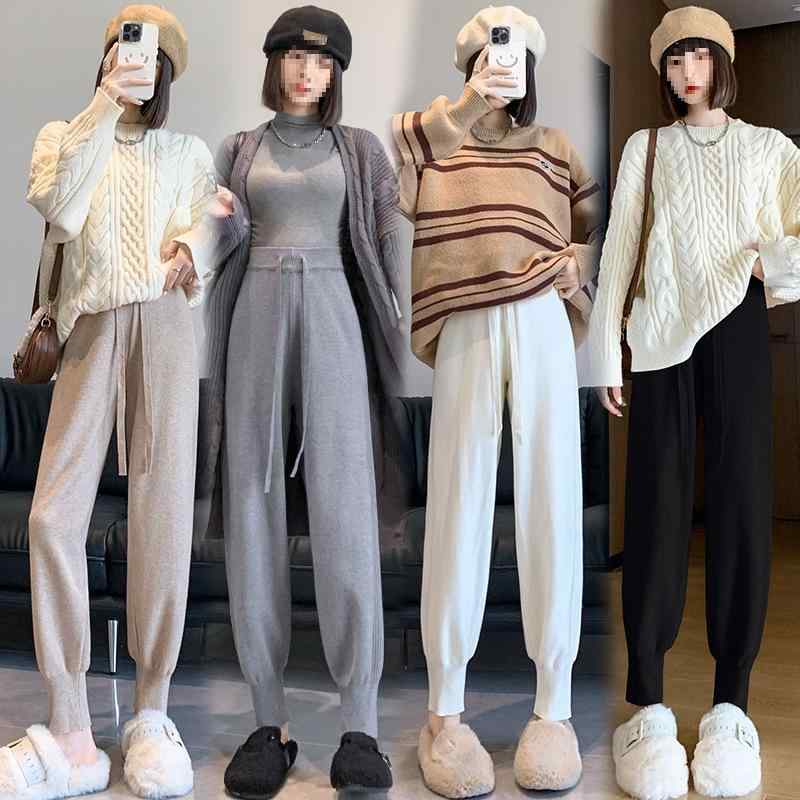 レディース 秋冬 ハーレムパンツ ニット 厚手 柔らかい コットン混 粘膠繊維 ナイロン 切り替え デザイン ドローストリング ルーズフィット ゆったり シルエット ミッドライズ 松緊腰 中弾力 九分丈 ブラック ホワイト グレー オートミールカラー 日