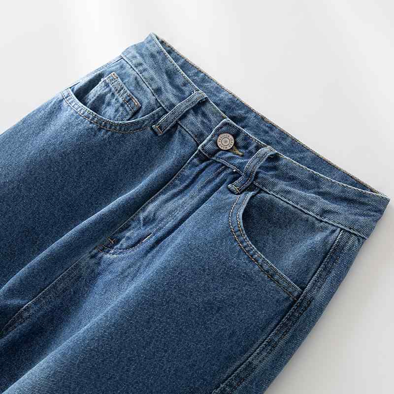 レディース 牛仔パンツ ワイドレッグ ハイウエスト 長ズボン ゆったりシルエット 不規則切り替え 直筒 ラフスタイル 綿混 ポリエステルブレンド 中厚 伸縮性 ポケット付き 牛仔ブルー トレンド ストリートファッション 秋冬 通勤 普段使い 軽量 吸湿速