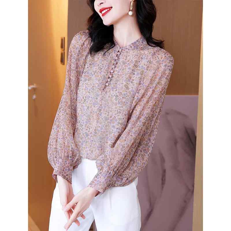 シャツ レディース 春夏 フラワープリント シフォン ブラウス 長袖 灯芯袖 スタンドカラー ピンク系 ワイドシルエット 軽量 ポリエステル 欧米風 ゆったり ロング丈 トップス かわいい 花柄 雪紡素材 セットインスリーブ 柔らかい 肌触り 日常使い