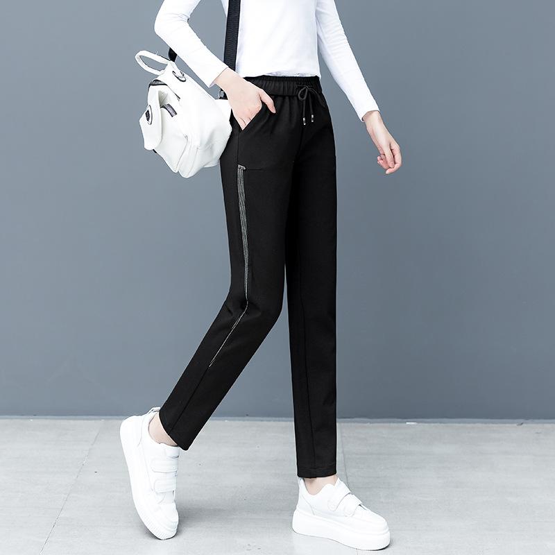 レディース 秋冬 高腰 ハーレムパンツ ロングパンツ ワイドパンツ ゆったり 垂感 ニット混 ナイロン 綿 混紡 伸縮性 ブラック ロング丈 九分丈 ボタン デザイン 気質 通勤風 普段使い ローファーパンツ スタイルアップ シルエット 軽量 快適